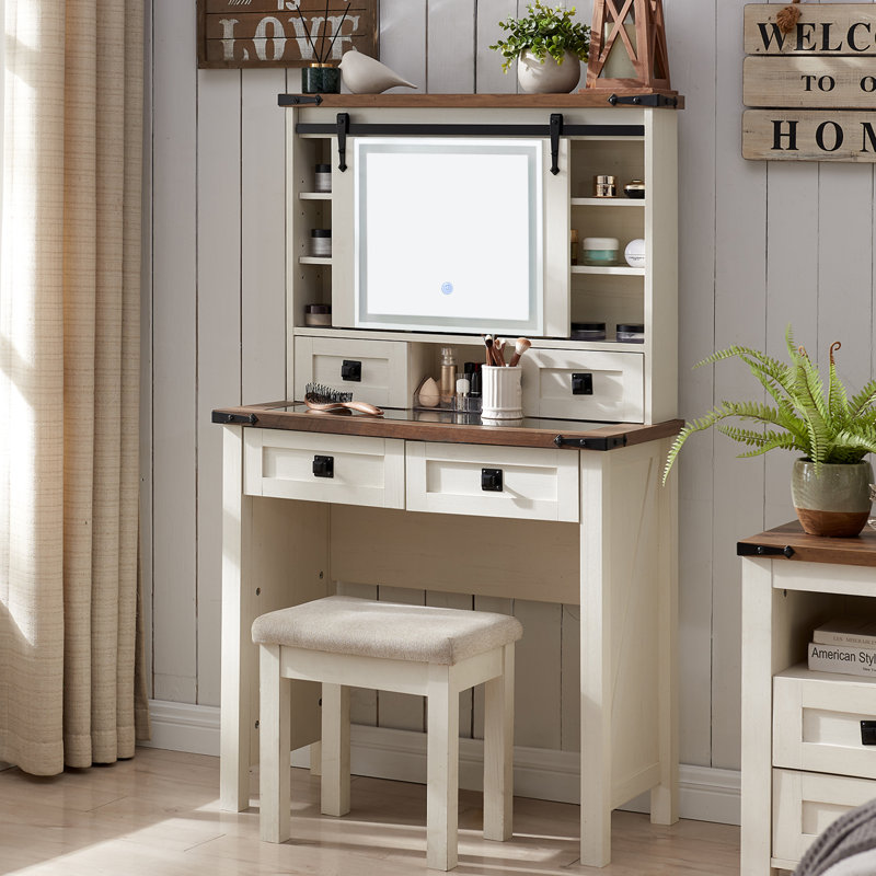 Millwood Pines Norham 31.2" W Make up Vanity Table with Glass Tabletop